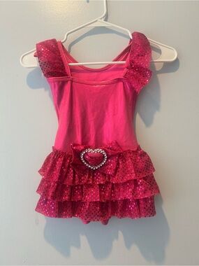 Girls' Hot Pink Sequin Ruffle Dance Costume with Heart Accent